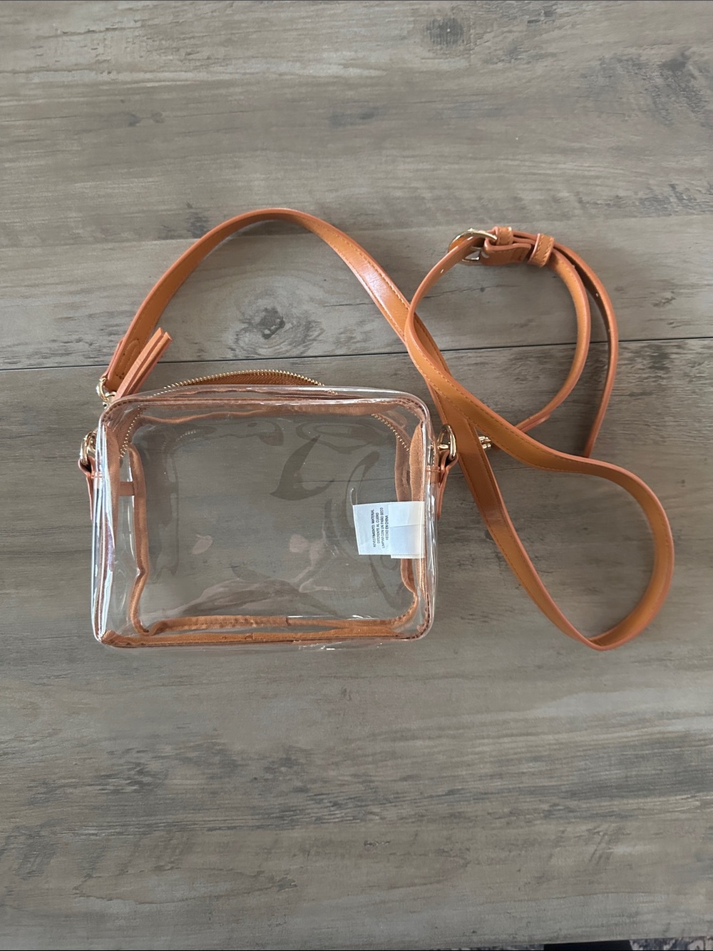 Clear Crossbody Bag with Tan Trim and Adjustable Strap
